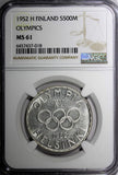 Finland Silver 1952 H 500 Markkaa Olympic Mintage-586,000 NGC MS61 KM# 35 (18)
