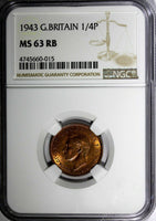Great Britain George VI Bronze 1943 Farthing NGC MS63 RB WWII Issue KM# 843