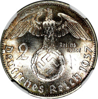 Germany - Third Reich Silver 1937 E 2 Reichs Mark NGC MS62 Hindenburg KM# 93(34)