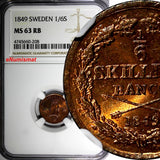 SWEDEN Oscar I Copper 1849 1/6 Skilling Mintage-536,544 NGC MS63 RB KM# 656 (8)