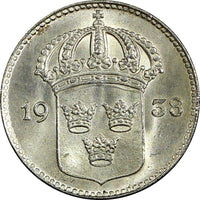 Sweden Gustaf V (1907-1950) Silver 1938 G 10 Öre GEM BU KM# 780 (22 073)