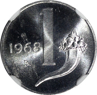 ITALY 1968 R 1  Lira NGC MS66 SCARCE BETTER DATE TOP GRADED KM# 91 (19)