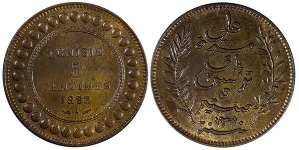 Tunisia Ali III Bronze AH1310//1893 A 5 Centimes BETTER DATE UNC KM# 221 ( 630)