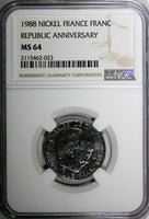 France Nickel 1988 1 Franc 30th Anniversary NGC MS64 TOP GRADED KM# 963 (023)