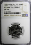 France Nickel 1988 1 Franc 30th Anniversary NGC MS64 TOP GRADED KM# 963 (023)