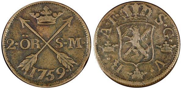 Sweden Adolf Frederick Copper 1759 2 Ore, S.M. Mintage-352,000 KM# 461 (21 345)