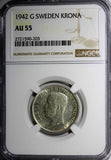 SWEDEN Gustaf V Silver 1942 G 1 Krona NGC AU55 KEY DATE RARE  KM# 786.2 (203)