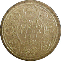 India British George V Silver 1911 (C) 2 Annas 1 Year Type SCARCE KM# 514 (597)