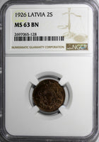 Latvia Bronze 1926 2 Santimi NGC MS63 BN KM# 2