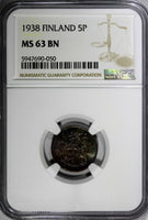 Finland Copper 1938 5 Penniä NGC MS63 BN TOP  GRADED BY NGC KM# 22 (050)