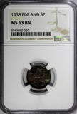 Finland Copper 1938 5 Penniä NGC MS63 BN TOP  GRADED BY NGC KM# 22 (050)