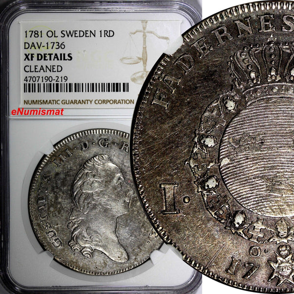 SWEDEN Gustaf III Silver 1781 1 Riksdaler NGC XF DETAILS Dav-1736,KM# 527 (219)