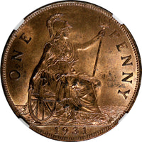 GREAT BRITAIN George V Bronze 1931 1 Penny NGC MS63 RB NICE RED KM# 838 (24)