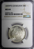 BOLIVIA Silver 1899 PTS CB 50 Centavos, 1/2 Boliviano NGC MS64 BU KM# 161.5 (2)