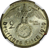 GERMANY-Third Reich Silver 1939 D 2 ReichsMark NGC AU58 Hindenburg KM# 93 (016)