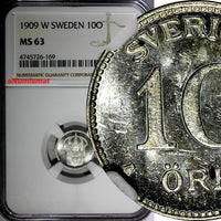 Sweden Gustaf V (1908-1950) Silver 1909 W 10 Ore NGC MS63 KM# 780 (169)