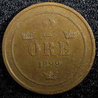 Sweden Oscar II Bronze 1899 EB 2 Ore Large Letters XF+ KM# 746  (23 109)