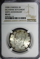 SWEDEN Silver 1938-G 2 Kronor NGC MS62 300th Settlement of Delaware KM# 807