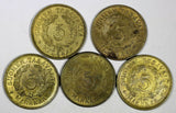 FINLAND Brass LOT OF 5 COINS 1946-1950 5 Markkaa HIGH GRADE KM# 31a (17 191)