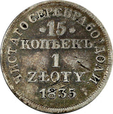 POLAND RUSSIA Nicholas I Silver 1835 MW 1 Zloty 15 Kopecks  Bit-1165 C# 129