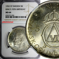 SWEDEN Silver 1952 ST 5 Kronor NGC MS64 70th Birthday Gustaf VI Adolf KM# 828(6)