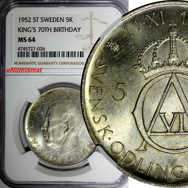 SWEDEN Silver 1952 ST 5 Kronor NGC MS64 70th Birthday Gustaf VI Adolf KM# 828(6)