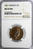 Sweden Carl XV Bronze 1861 2 Öre NGC MS64 BN NICE TONED TOP GRADED BY NGC KM#706