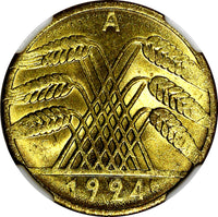 Germany 1924 A 10 Reichspfennig NGC MS65 ONLY 1 GRADED HIGHEST BY NGC KM# 40 (8)