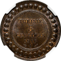 Tunisia Muhammad V AH1334/1916 A 5 Centimes NGC MS66 BN TOP GRADED KM# 235 (02)