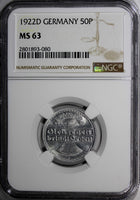 Germany, Weimar Republic Aluminum 1922 D 50 Pfennig NGC MS63 KM# 27 (080)