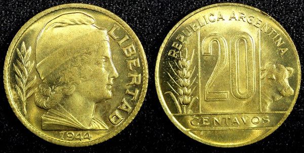 Argentina Aluminum-Bronze 1944 20 Centavos GEM BU COIN KM# 42 (23 961)