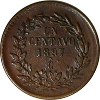 MEXICO 1897 CN 1 Centavo Small "N"  Mintage-300,000 Culiacan Mint KM# 391.1