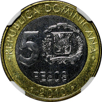 Dominican Republic Sánchez 2010 5 Pesos Magnetic NGC MS66 Poland Mint KM# 89(2)