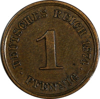 Germany-Empire Wilhelm I Bronze 1874 D 1 Pfennig Bavarian Mint,KM# 1 (17 346)