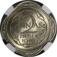 India-British George VI 1946 (C) 2 Annas NGC MS64 Nice Toned KM#542 (003)