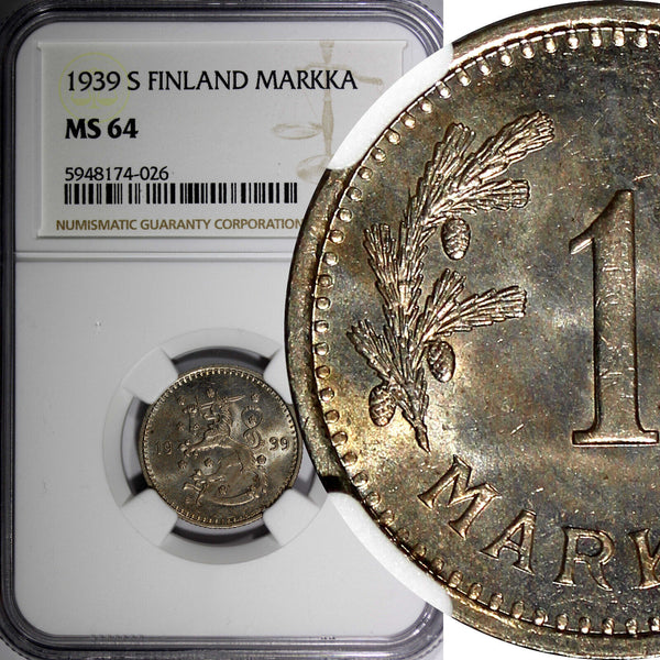 Finland Copper-Nickel 1939 S 1 Markka WWII Issue NGC MS64 TOP GRADED KM# 30 (6)