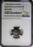 Germany BRUNSWICK-WOLFENBÜTTEL 1758 1 Denier NGC MS64 BN TOP GRADED KM#948 (079)