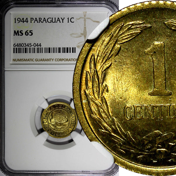 Paraguay Aluminum-Bronze 1944 1 Centimo NGC MS65 GEM BU COIN KM# 20 (044)