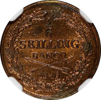 SWEDEN Oscar I Copper 1849 1/6 Skilling Mintage-536,544 NGC MS64 RB KM# 656 (87)