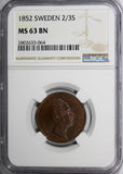 Sweden Oscar I 1852 2/3 Skilling NGC MS63 BN TOP GRADED BY NGC Mint-297, KM# 663