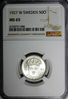 SWEDEN Gustaf V Silver 1927 W 50 Ore NGC MS65 TOP GRADED BY NGC SCARCE KM# 788
