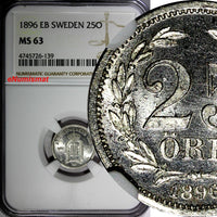 Sweden Oscar II Silver 1896 EB 25 Ore NGC MS63  KM# 739 (139)