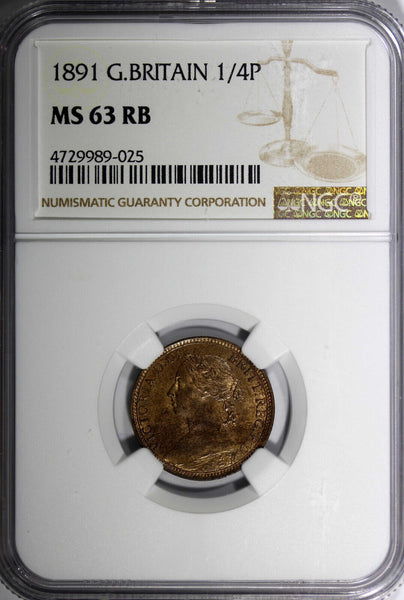 Great Britain Victoria Bronze 1891 Farthing NGC MS63 RB NICE TONING KM# 753 (25)