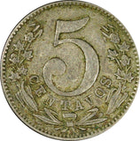 Colombia 1886 5 Centavos VF Toned KM# 183.1 (683)
