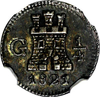 Guatemala Ferdinand VII Silver 1821 G 1/4 Real NGC MS62 Castle / Lion KM# 72(21)