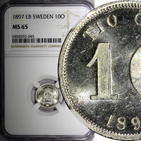 SWEDEN Oscar II Silver 1897 EB 10 Ore NGC MS65 GEM BU SCARCE KM# 755 (045)