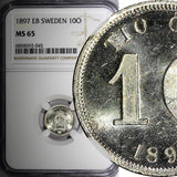 SWEDEN Oscar II Silver 1897 EB 10 Ore NGC MS65 GEM BU SCARCE KM# 755 (045)