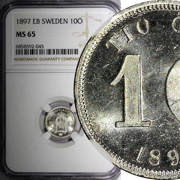 SWEDEN Oscar II Silver 1897 EB 10 Ore NGC MS65 GEM BU SCARCE KM# 755 (045)