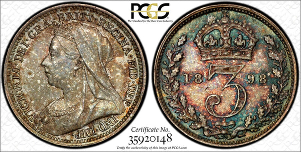 Great Britain Silver 1898 3 Pence PCGS PL64 PROOFLIKE RAINBOW TONED KM# 777 (48)