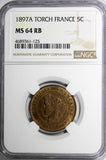 France Bronze 1897 A 5 Centimes TORCH NGC MS64 RB KM# 821.1